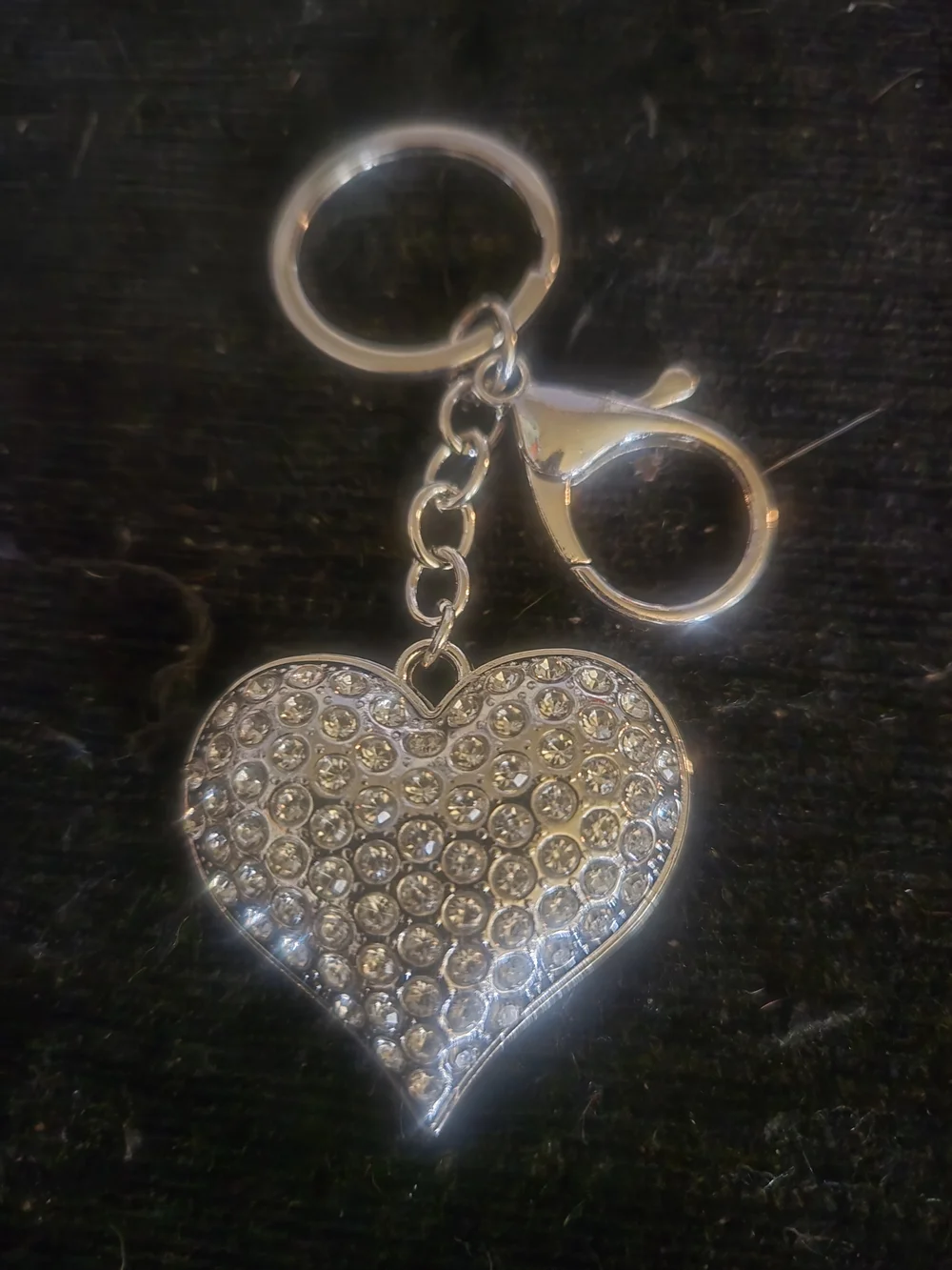 Rhinestone Heart Keychain, Bag Purse Charm Silver Bling